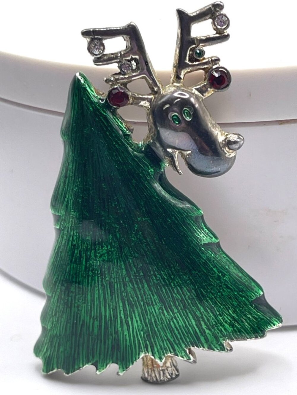 Vtg HTF Rare Unsigned LIA Enamel Christmas Tree Brooch With Rudolph Peeking